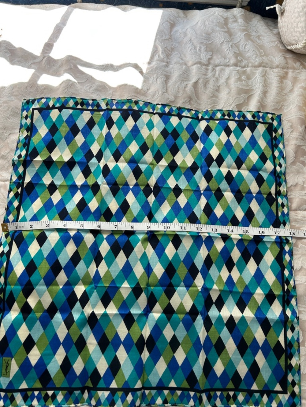 7035. Yves Saint Laurent Vintage Blue, Teal, Green & Black Diamond Scarf. COA. - Picture 5 of 6